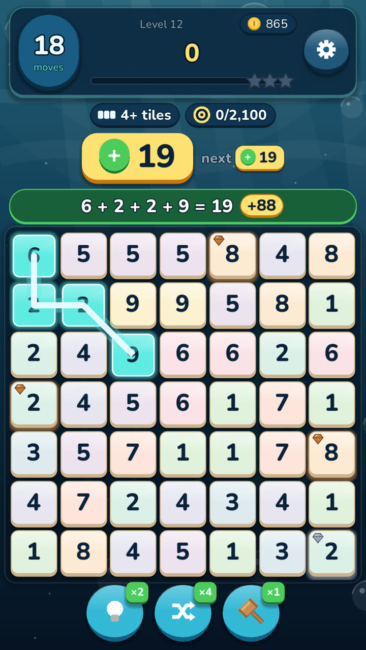 A zig-zag path of four digits that adds up to the target, 19